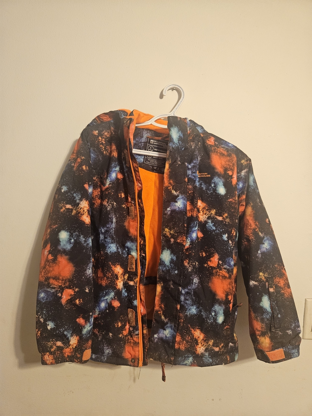 Kids Hooded Puffer Jacket - Orange & Multicolor Print